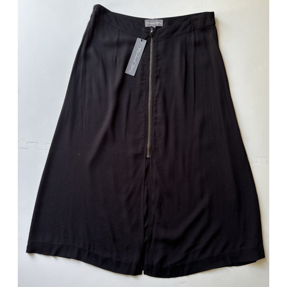 MICHAEL STARS Skirt Womens Midi Front Zip A-Line Zipper Scandi -Size L Blk Crepe
